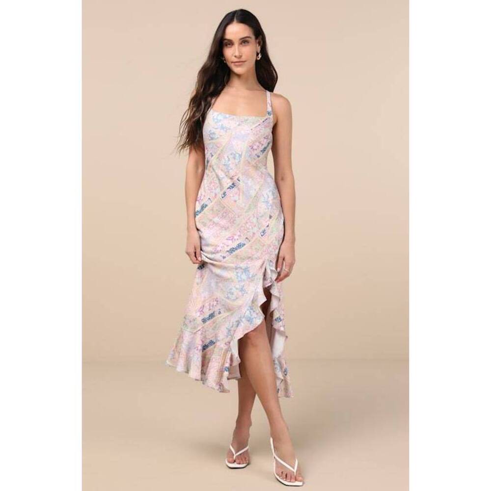 Lulus Hitomi Light Pink Multi Scarf Print Lace-up Ruffled Midi Dress - Size S